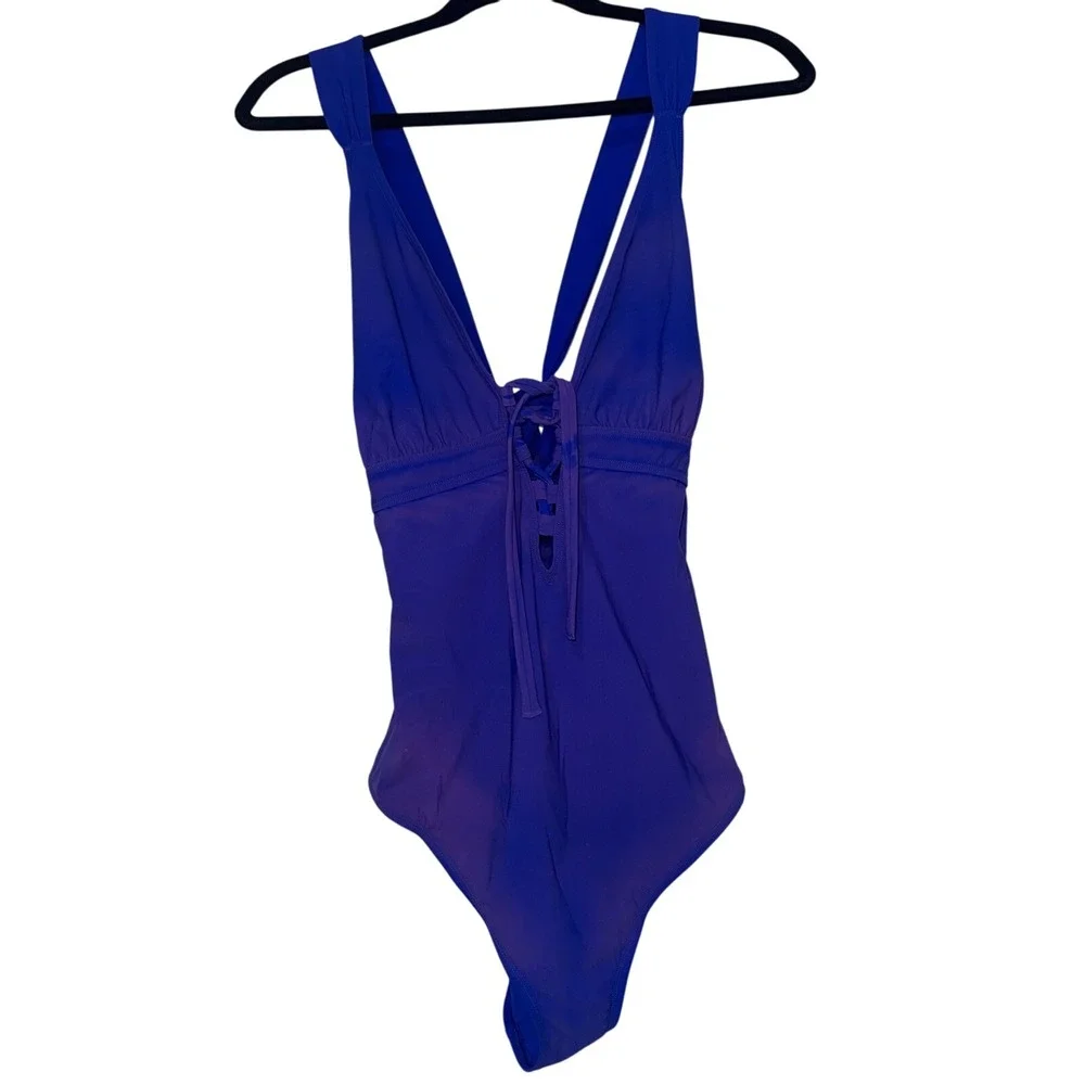 SKINNYDIPPERS Lace-Up One Piece‎ Swimsuit V-Neck Crisscross Back Detail XL